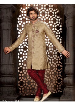 Designer Deep Cream Gold Indo Western Sherwani1